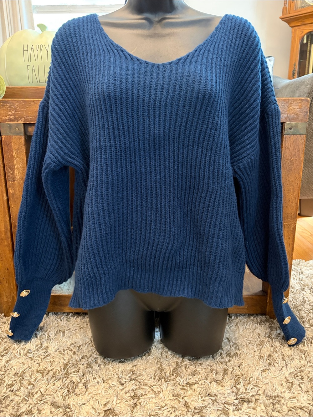 SHEIN Navy Ribbed V-Neck Sweater with Button Cuffs size Medium